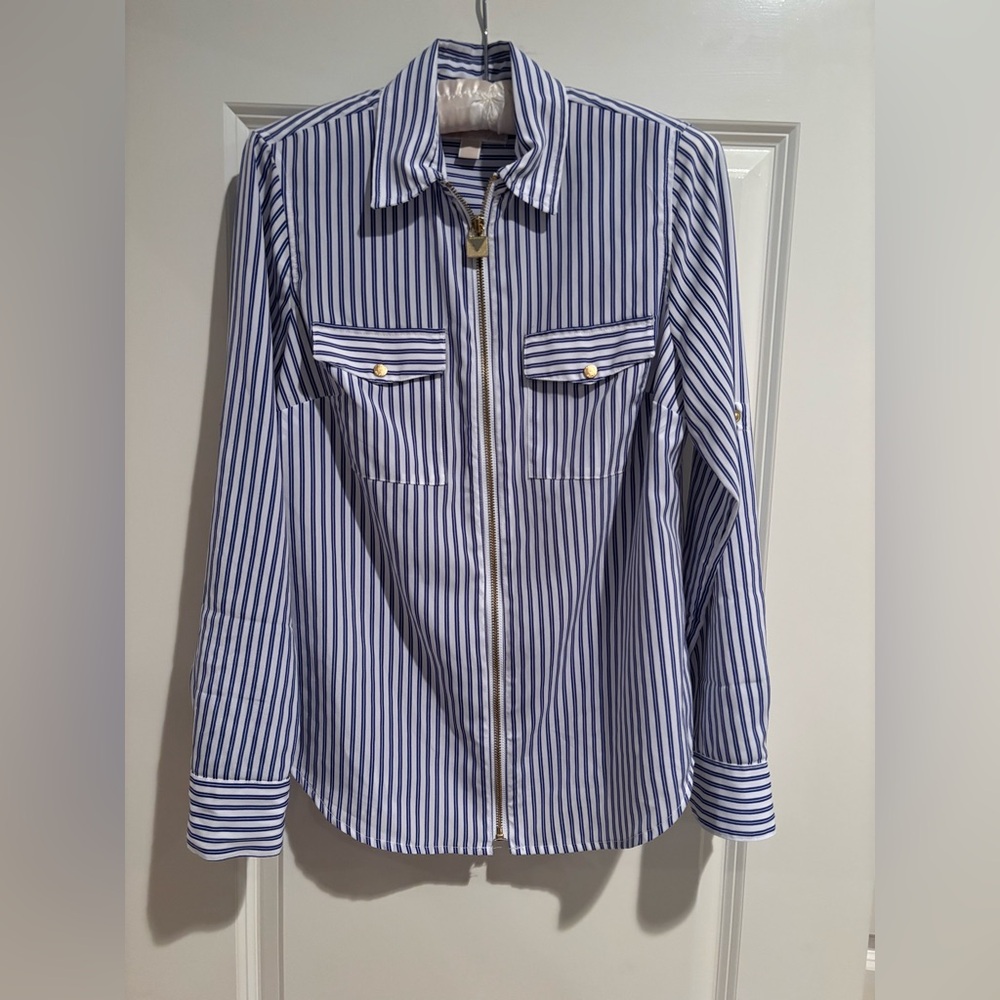 Michael Kors Zip Front Blouse Womens Small Blue White Stripe Gold Button